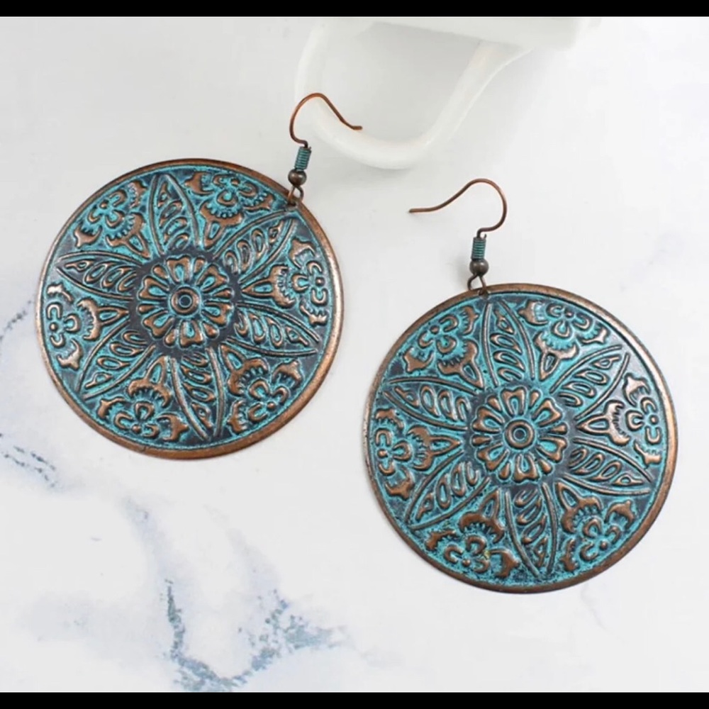 Ethnic Engraved Flower Round Drop Earrings